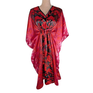 Mrs Roper Kaftan Red Pink Black Ombre Floral Print Coverup Lounge Dress Mumu OS